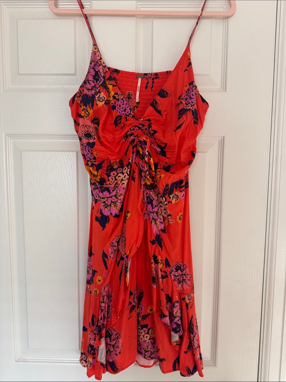 Free People Bright Orange Mini Dress with Purple, Pink and Yellow Flowers